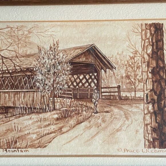 Vintage Signed Art Stone Mountain Covered Bridge 1980 Framed Wood - Picture 3 of 7